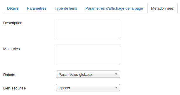 Onglet Métadonnées des liens de menu, un élément indispensable pour le référencement du site